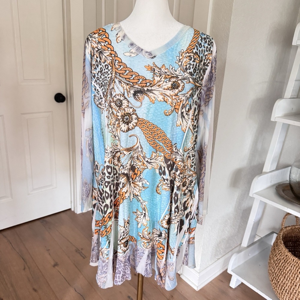 Vtg Cactus Y2K Bling Rhinestone Tunic Top Western Embellished Animal Print Sz L